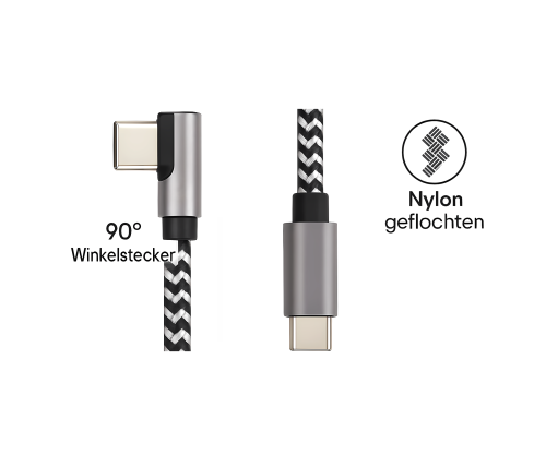 USB-C auf C 90° Ladekabel, HQ-Alu Stecker, 60w, Nylon Kabel, Space Grey, DINIC Box mit Euroloch, 0,15m